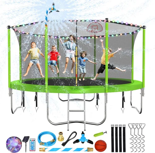 Miniatura 13 de Lyromix Trampolín mejorado con luces, trampolín grande para exteriores con aspersor, aro de baloncesto y red, capacidad para 5-8 niños y adultos