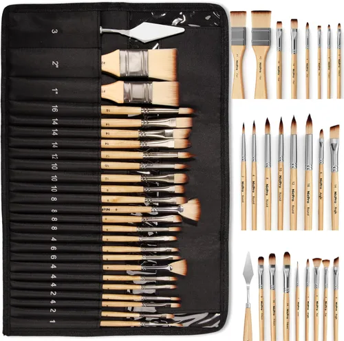 Nicpro Juego de 26 pinceles de pintura, pinceles profesionales con cuchillo de paleta y rollo de tela, pinceles de pintura artística para pintura