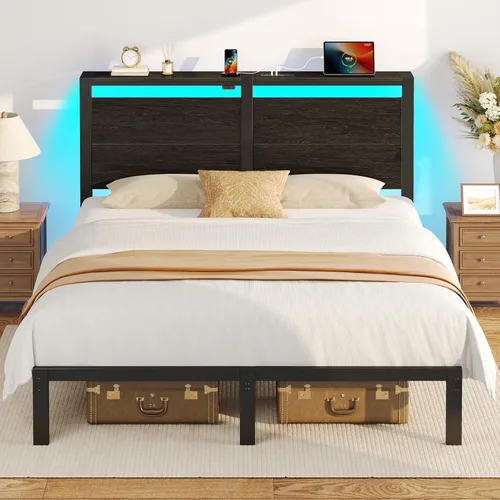 Rolanstar Marco de cama matrimonial con cabecero, marco de cama matrimonial con luces LED, camas cama tamaño matrimonial con estación de carga,
