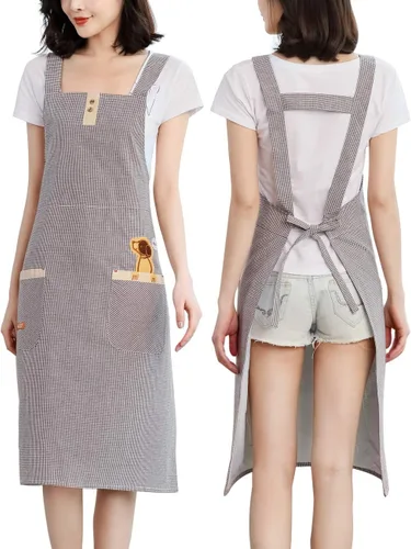 Miniatura 13 de NEWGEM Delantal 100% algodón con espalda cruzada para mujer con 2 bolsillos, correas de botón ajustables, sin dolor de cuello, delantal de chef