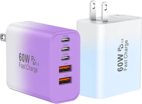Miniatura 10 de Bloque de cargador de pared rápido USB C, paquete de 2 cubos de carga USBC de 60 W, adaptador de corriente PD+QC de 5 puertos ladrillo multipuerto