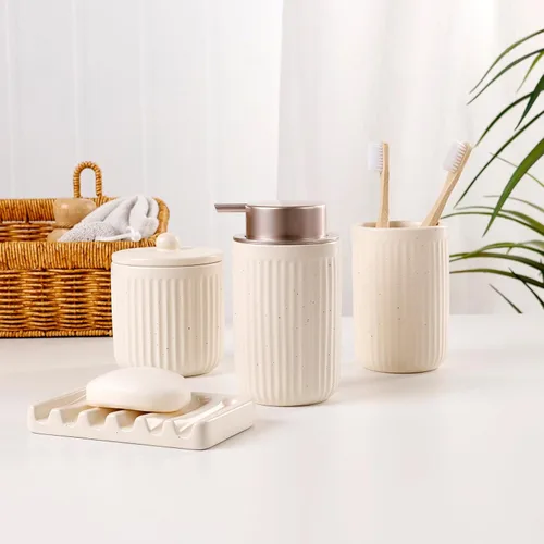 Miniatura 7 de BosilunLife Juego de accesorios de baño, juego de cerámica para decoración de baño, dispensador de jabón de espuma y soporte para cepillos