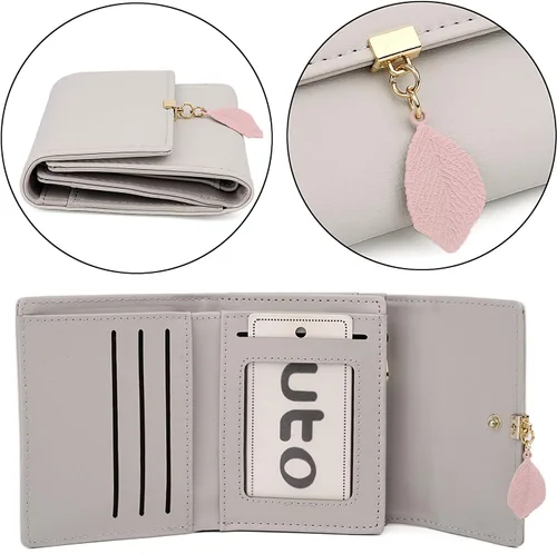 Miniatura 126 de UTO - Cartera pequeña RFID de piel sintética con dije de hoja, cierre de cremallera y tarjetero.