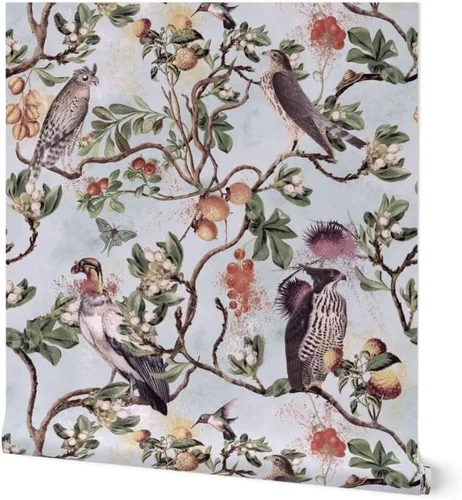 Muestro de papel tapiz removible – Vintage Birds Acuarela Chinoiserie Antiqued of Prey Blue Green Gray Botánico Personalizado Papel pintado