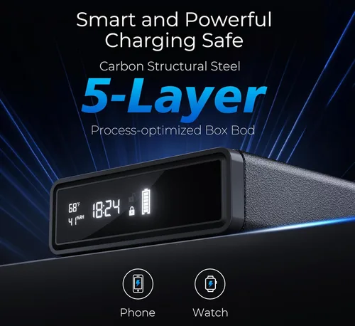 Miniatura 2 de ORARAER Caja fuerte biométrica con carga inalámbrica, 3 métodos de acceso para desbloquear, cajón de mesita de noche, pantalla LED segura