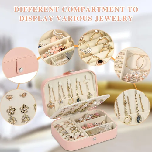 Miniatura 4 de XZUZ Joyero de viaje, organizador de joyas pequeño de piel sintética para niñas y mujeres, mini estuche de viaje portátil de doble capa para guardar