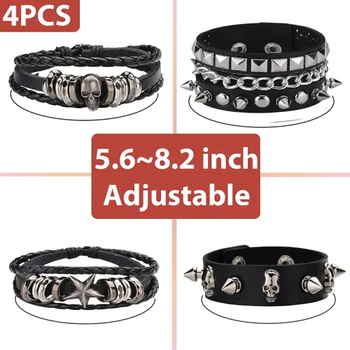 Miniatura 2 de Juego de 4 pulseras góticas para hombres y mujeres, pulseras de cuero con tachuelas punk rock, traje rockero de los años 80 para hombres y mujeres