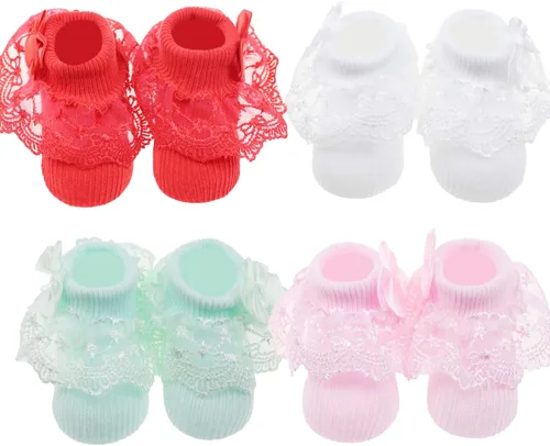 Miniatura 2 de BQUBO - Calcetines de encaje con ojales y volantes, calcetines de encaje para recién nacidobebéniños pequeños con volantes de verano