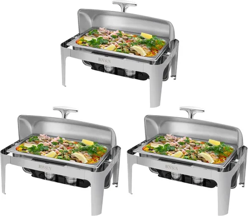 ROVSUN Juego de 3 platos de bufé con tapa enrollable, 9 cuartos de galón de tamaño completo, juego rectangular de acero inoxidable NSF para bodas,