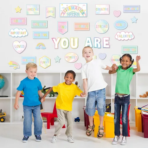 Miniatura 6 de Juego de tablón de anuncios motivacional de estación de afirmación pastel, tablero de anuncios de arcoíris pastel para decoración de pared de aula