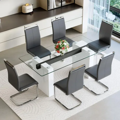 Miniatura 18 de FURNITO Mesa de comedor de vidrio de 71 pulgadas para 6 a 8,0,39 pulgadas de superficie de vidrio grueso con mesa de comedor de pedestal de MDF Mesa