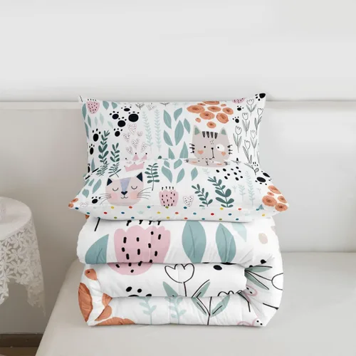 Miniatura 7 de Juego de ropa de cama tamaño individual para niñas y niños, juego de edredón de dibujos animados de animales y gatos, decoración de habitación