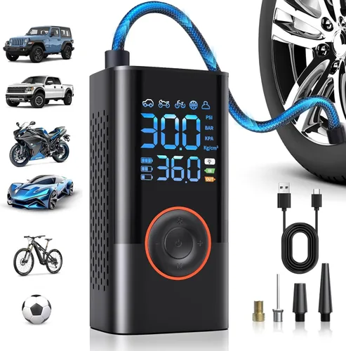 Inflador de neumáticos, compresor de aire portátil, inalámbrico, mini bomba de aire con medidor de presión digital, inflado rápido de 150 PSI,