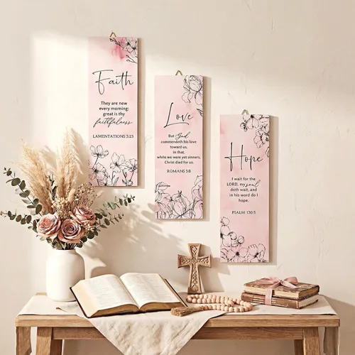 Miniatura 4 de Qunclay 3 piezas de versículos bíblicos para mujer, arte de pared de escritura cristiana inspiradora rosa y morado, arte de pared de fe esperanza