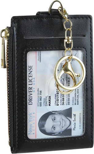 Miniatura 6 de Tarjetero de cuero para mujer, con bloqueo RFID, delgado y pequeño, con cremallera, llavero, bolsillo frontal, con 2 ventanas para identificación