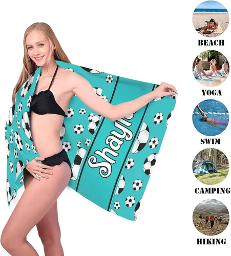 Miniatura 3 de Toalla de playa personalizada con diseño de pelotas de fútbol divertidas con nombre, toallas de piscina de viaje de microfibra personalizadas de 2