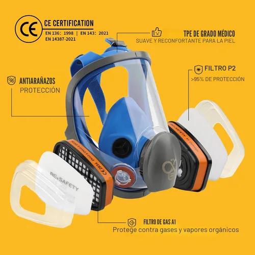 Miniatura 3 de Máscara respiradora de cara completa con filtros de vapor orgánicos A1, respirador purificador de aire reutilizable para pintura, resina, humos