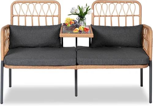 Miniatura 10 de PROHIKER Muebles de Patio Exterior Sofá de Amor de Ratán de 2 Asientos con Mesa Integrada, Almohadas Lumbares y Cojines, Sofá de Amor de Mimbre
