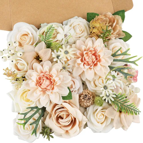 Miniatura 20 de AmyHomie - Juego de flores artificiales color rosa pálido y champán, flores de seda falsas, peonías, rosas con tallo para bricolaje, ramos de boda