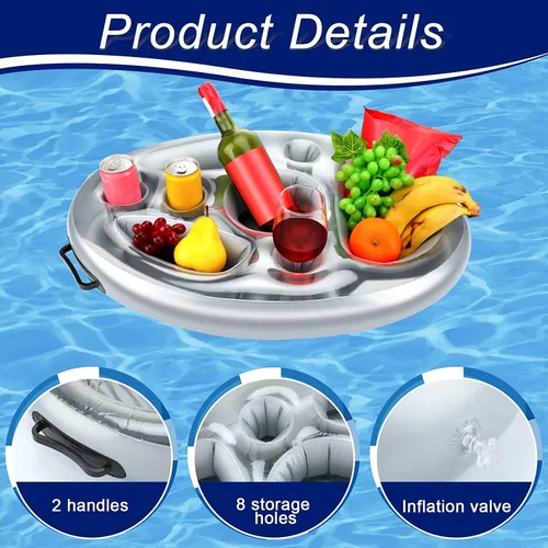 Miniatura 3 de Soporte inflable flotante para bebidas para piscina, la mesa de bandeja tiene portavasos y latas de bebidas con cuenco de aperitivos, PVC duradero