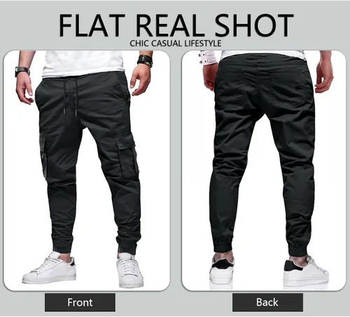 Miniatura 4 de LVCBL Pantalones cargo de algodón para hombre con cordón en la cintura, pantalones cargo ajustados