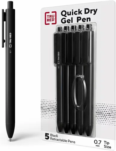 TRU RED Bolígrafos de gel retráctiles, punta media de 0.028 in, tinta negra, paquete de 5 bolígrafos de secado rápido para notas sin manchas y