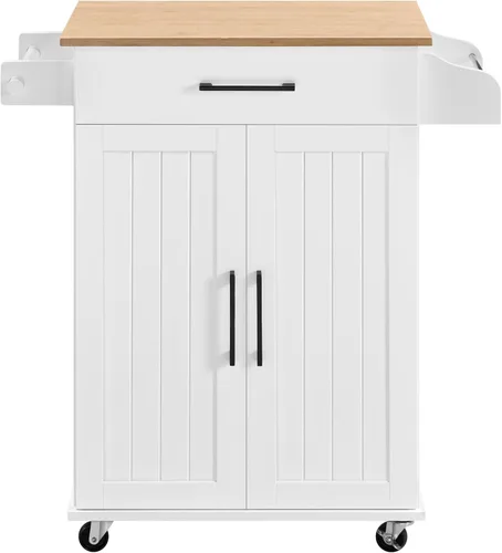 Topeakmart Carrito de isla de cocina con armario de almacenamiento y 1 cajón, carrito de cocina rodante con toallero y estante para especias,