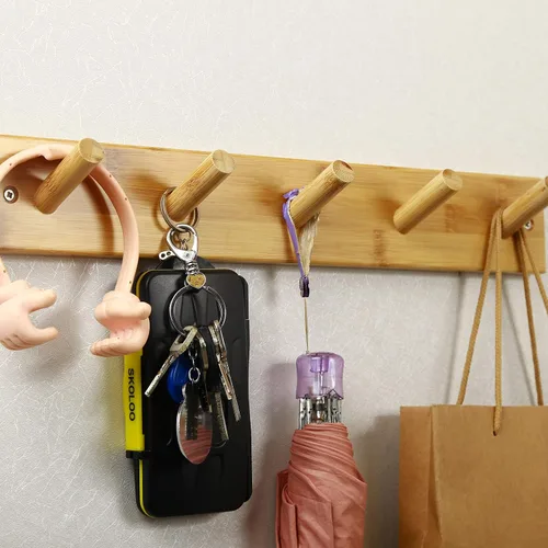 Miniatura 6 de SKOLOO Perchero de Pared de Bambú Montado en la Pared, 16 Pulgadas de Agujero a Agujero, 5 Clavos de Bambú para Pared para Colgar Ropas, Batas