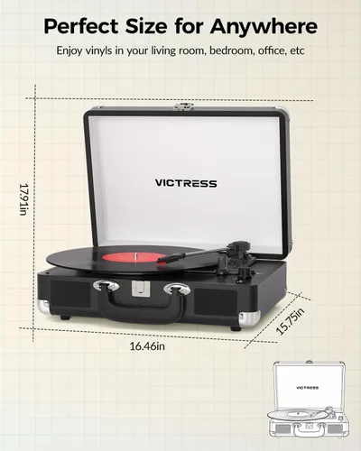 Miniatura 10 de Tocadiscos de vinilo con entrada y salida Bluetooth, tocadiscos portátil vintage de maleta, tocadiscos LP de 3 velocidades con conversión de vinilo