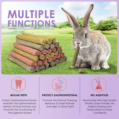 Miniatura 3 de Bissap 36 palitos masticables de conejo, mezcla natural de Timothy, heno, avena, zanahoria, conejito, juguetes masticables y golosinas para conejos