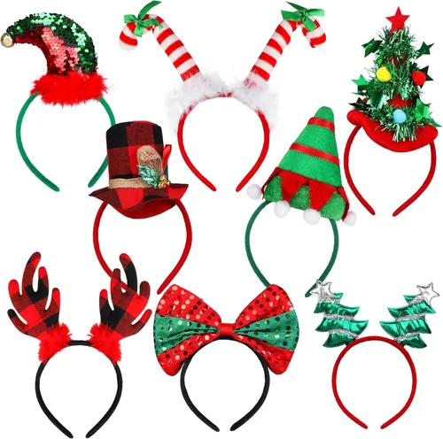 URATOT Paquete de 8 diademas de aro de reno de Navidad para fiestas de Navidad, accesorios para fotos, cabinas para recuerdos