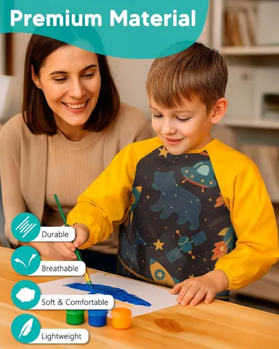 Miniatura 6 de Oiomniv Delantal de Arte para Niños – Delantal de Pintura de Manga Larga Impermeable con 3 Bolsillos, Delantal Lavable para Niños Pequeños y Niños