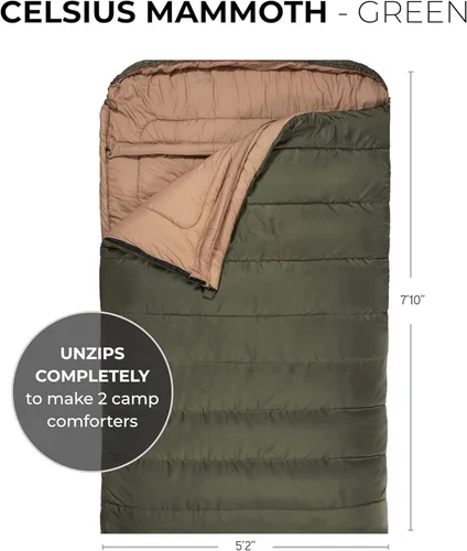 Miniatura 2 de Teton Mammoth - Saco de dormir doble tamaño Queen - Una bolsa cálida que toda la familia puede disfrutar, ideal para camping, caza y campamento Verde