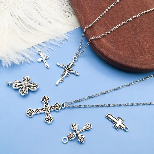 Miniatura 2 de WOCRAFT - 120 piezas de dijes de cruz de plata antigua para la fabricación de joyas, dijes de cruz de aleación para manualidades DIY (SN024)