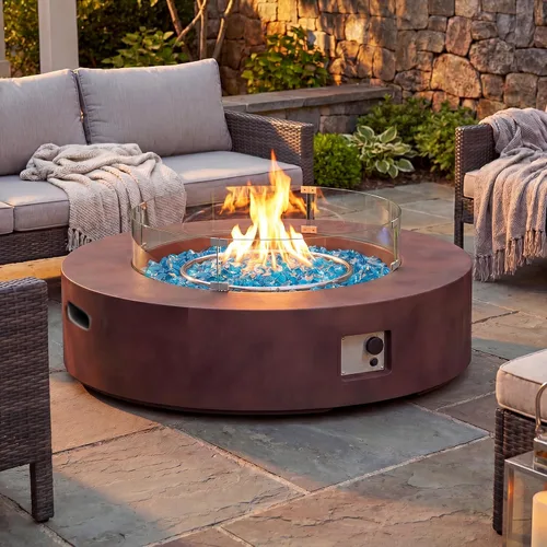 COSIEST Mesa de café con fogata a propano para exteriores con base redonda de 40.5 pulgadas en bronce oscuro, calefactor de patio certificado,