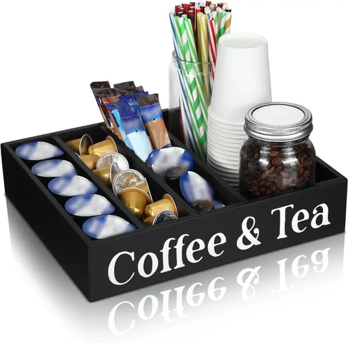 Soaoo Organizador de estación de café, soporte de madera para café y té, accesorios de encimera con 4 divisores extraíbles, organizador de
