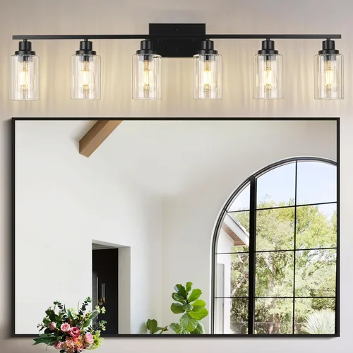 Miniatura 20 de Jonsi Accesorios de iluminación de baño dorados, 2 luces de tocador de oro cepillado con pantalla de vidrio estriada, luces modernas sobre espejo