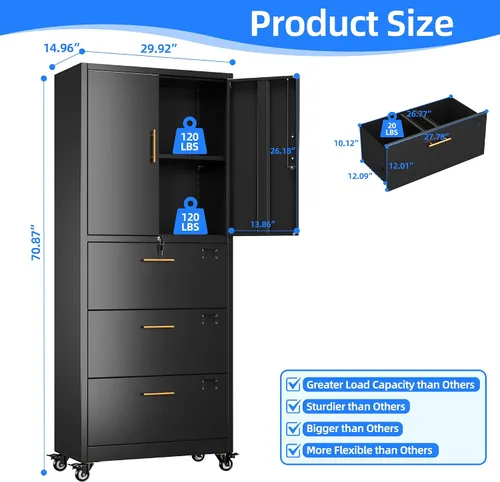 Miniatura 2 de METAN - Archivador de metal con 3 cajones y 1 estante, archivador de oficina con ruedas y cerradura, almacenamiento de oficina para tamaño Negro