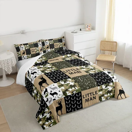 Miniatura 101 de Juego de edredón de cuernos de ciervo tamaño individual, juego de ropa de cama rústica de granja con huellas de oso y pinos para decoración