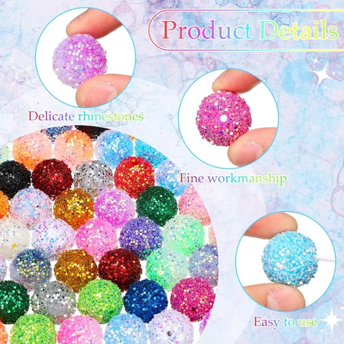 Miniatura 3 de Sasylvia 80 cuentas de goma de mascar de 0.78 pulgadas para bolígrafos, cuentas de diamantes de imitación de colores con lentejuelas, bola