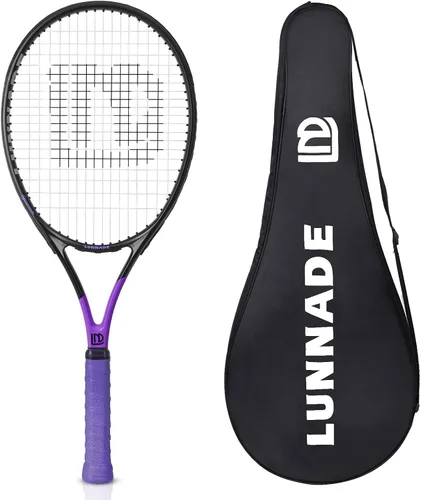 Raqueta de tenis para adultos de 27 pulgadas, raqueta de tenis de fibra de carbono a prueba de golpes, ligera, pre-cordada y con empuñadura, Negro y