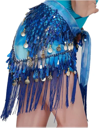 Miniatura 5 de MUNAFIE Belly Dance Hip Scarf with Tassels Sequins, Triangle Coins Wrap Skirt Music Festival Clothing Skirt