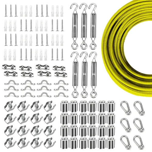 Miniatura 35 de Kit de suspensión de luces de cuerda de globo, cable guía de luz para exteriores, cable de acero inoxidable recubierto de vinilo, incluye 50 pies