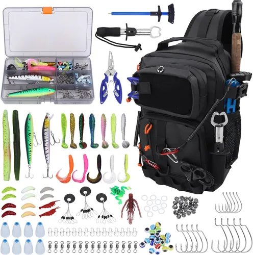 Mochila de pesca con cajas de aparejos, bolsa de hombro impermeable para equipo de pesca, bolsa de pesca con kit de 136 piezas de señuelos de pesca,