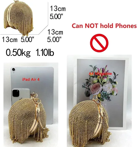 Miniatura 4 de Boutique De FGG Bolso de mano redondo para mujer, con borla, para boda, fiesta, diamantes de imitación