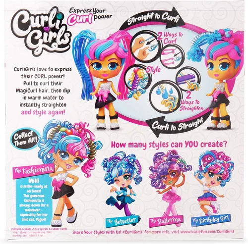 Miniatura 4 de Basic Fun CurliGirls Milli, The Fashionista & Vogue, her cat - Muñeca de peluquería de lujo con cabello MagiCurl - Estilo una y otra vez - A partir