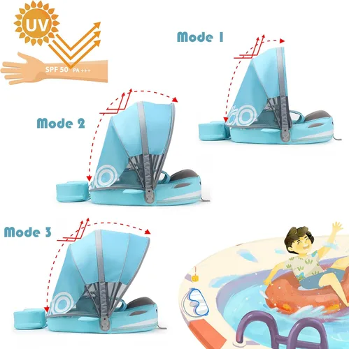 Miniatura 2 de Flotador Mambobaby no inflable con toldo, flotador de natación con protección UV para bebé con hebilla de seguridad, entrenador de natación de cola