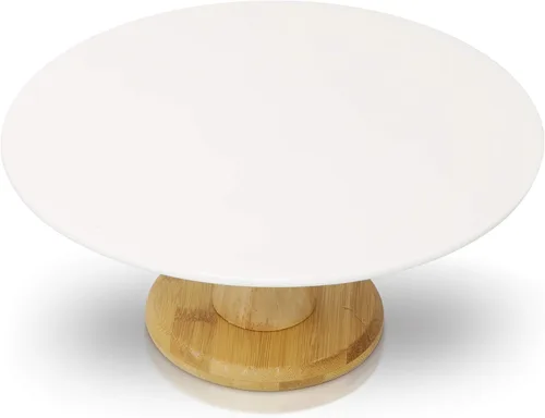 Miniatura 2 de Soporte de cerámica blanca para tartas con base de bambú, soporte para pasteles y postres para bodas y cumpleaños, decoración de cocina y hogar