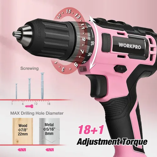 Miniatura 7 de WORKPRO Taladro Atornillador Inalámbrico Rosa de 20V y Juego de Herramientas para el Hogar, Kit de Herramientas Manuales de 141 Piezas