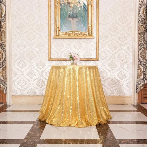 Miniatura 28 de Eternal Beauty Mantel de lentejuelas doradas de 120 pulgadas, mantel redondo brillante con purpurina para decoración de bodas, fiestas de cumpleaños